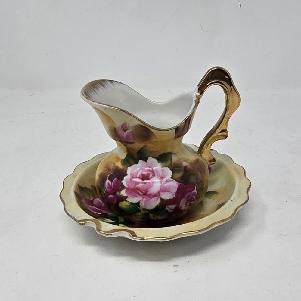 Vtg Enesco porcelain mini wash bowl & pitcher pink roses Japan hand painted